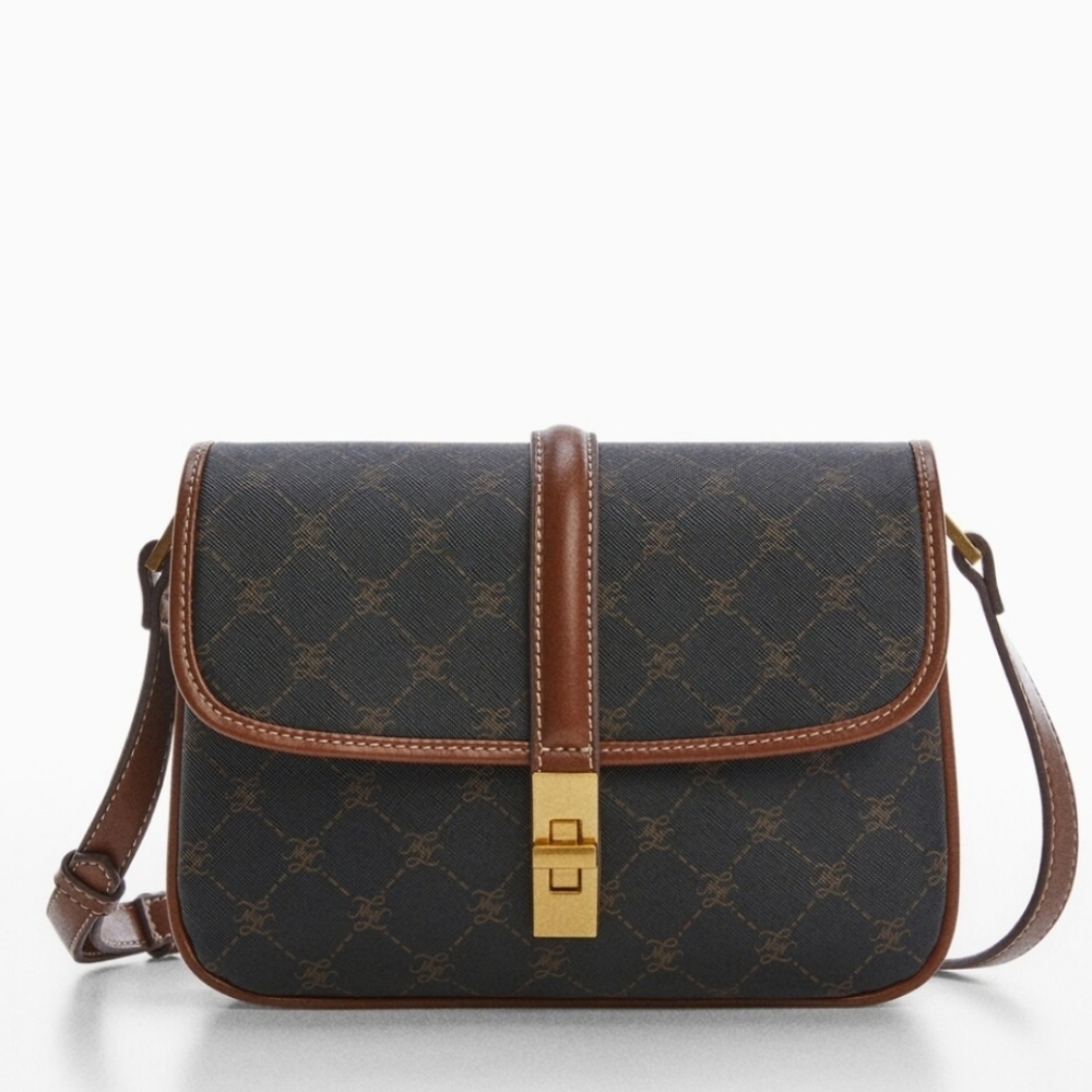 Mango New Yvonne Brown Printed Monogram Logo Vegan Leather Crossbody Bag Preppy